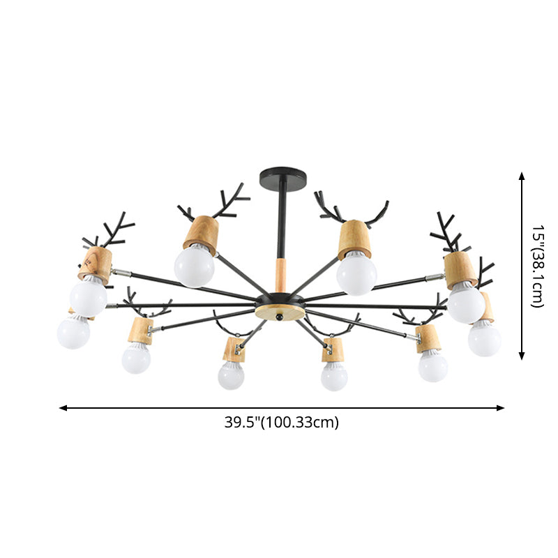 Modern Wooden Simplicity Chandelier Exposed Bulb Design Creative Bedroom Hanging Pendant Lights with Antlers Decoration