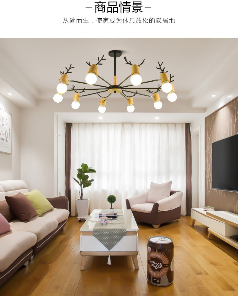Modern Wooden Simplicity Chandelier Exposed Bulb Design Creative Bedroom Hanging Pendant Lights with Antlers Decoration