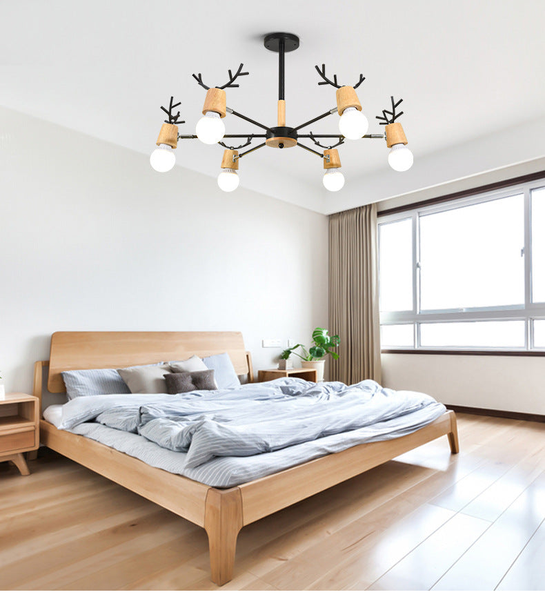 Modern Wooden Simplicity Chandelier Exposed Bulb Design Creative Bedroom Hanging Pendant Lights with Antlers Decoration