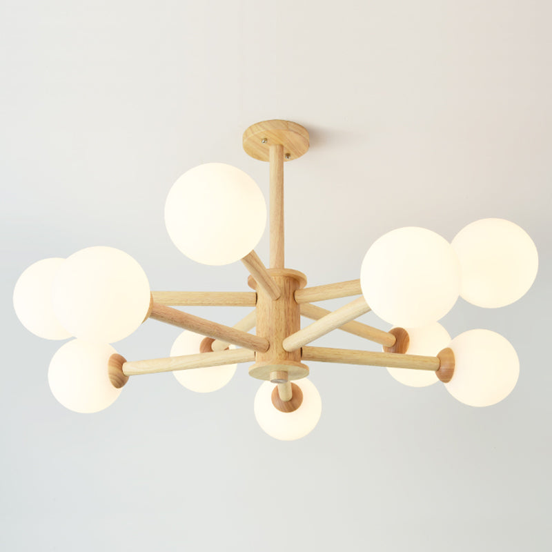 Beige Solid Wood Hanging Light Simplicity Modern Style White Frosted Glass Shade Chandelier Lamp for Living Room Bedroom