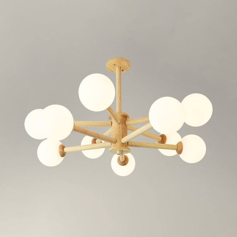 Beige Solid Wood Hanging Light Simplicity Modern Style White Frosted Glass Shade Chandelier Lamp for Living Room Bedroom