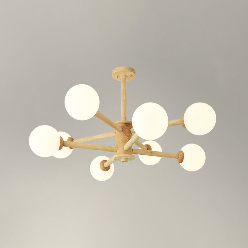 Beige Solid Wood Hanging Light Simplicity Modern Style White Frosted Glass Shade Chandelier Lamp for Living Room Bedroom
