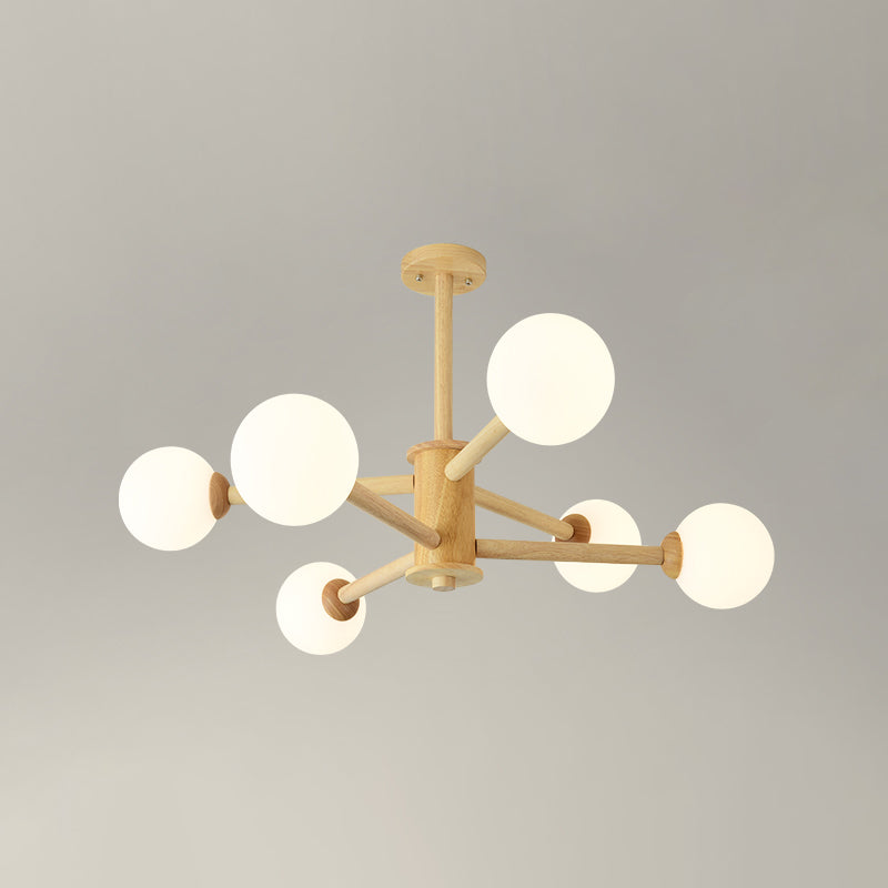 Beige Solid Wood Hanging Light Simplicity Modern Style White Frosted Glass Shade Chandelier Lamp for Living Room Bedroom
