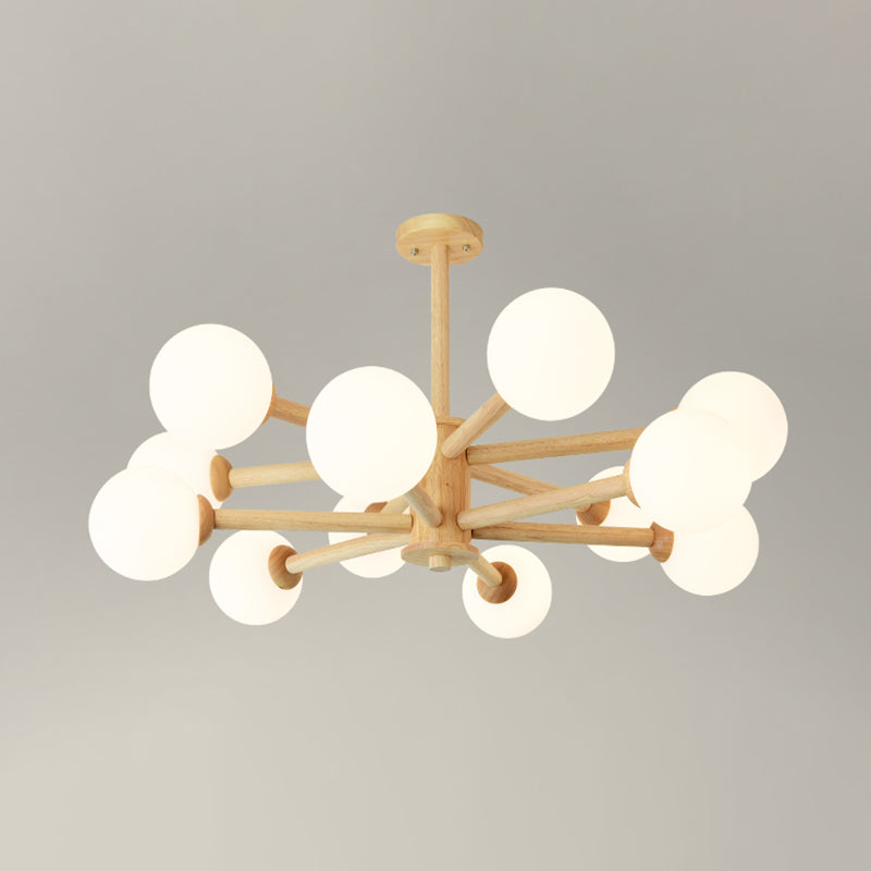 Beige Solid Wood Hanging Light Simplicity Modern Style White Frosted Glass Shade Chandelier Lamp for Living Room Bedroom