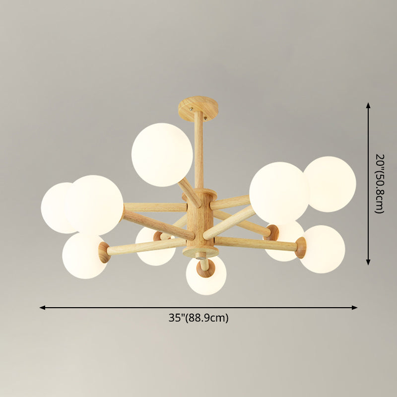 Beige Solid Wood Hanging Light Simplicity Modern Style White Frosted Glass Shade Chandelier Lamp for Living Room Bedroom