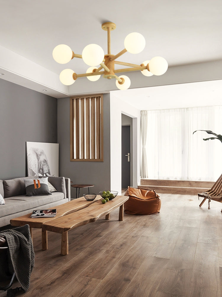 Beige Solid Wood Hanging Light Simplicity Modern Style White Frosted Glass Shade Chandelier Lamp for Living Room Bedroom