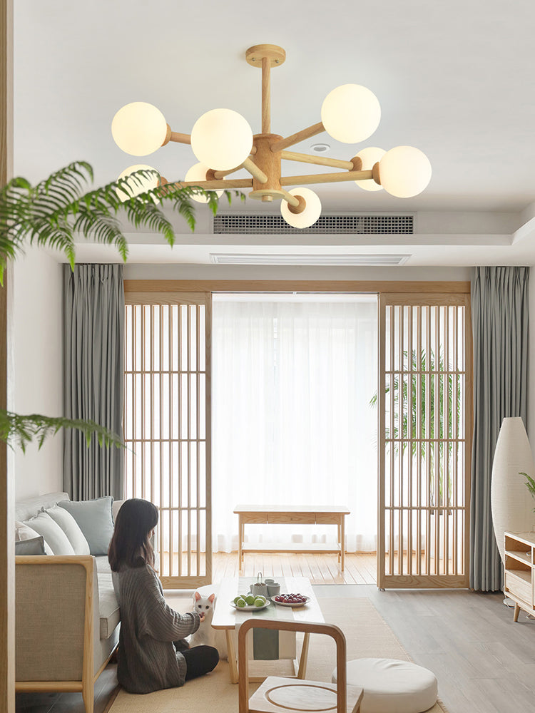 Beige Solid Wood Hanging Light Simplicity Modern Style White Frosted Glass Shade Chandelier Lamp for Living Room Bedroom