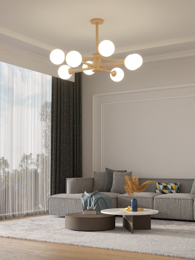 Beige Solid Wood Hanging Light Simplicity Modern Style White Frosted Glass Shade Chandelier Lamp for Living Room Bedroom