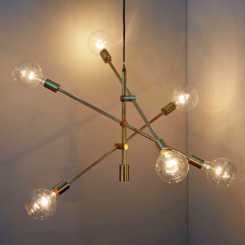 Postmodern Geometric Lines Chandelier Lamp Metal Bedroom Hanging Light in Gold with Transparent Glass Shade