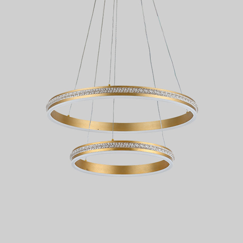 16"+24" Diameter 2-Tiered Ring LED Chandelier Aluminum Gold LED Hanging Pendant Light with Diamond Stripes Acrylic Shade