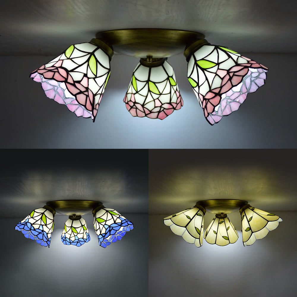 3 Heads Conic Ceiling Light Fixture Tiffany Stained Glass Flushmount Ceiling Light in Pink/Blue/Beige for Bedroom