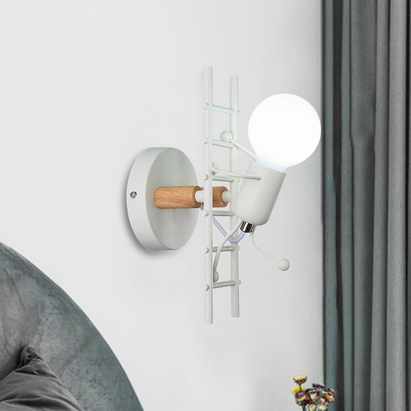 Cartoon Bare Bulb Wall Light Fixture Metal Gray/White/Green 1 Head Indoor Wall Mount Light with Little People Decoration