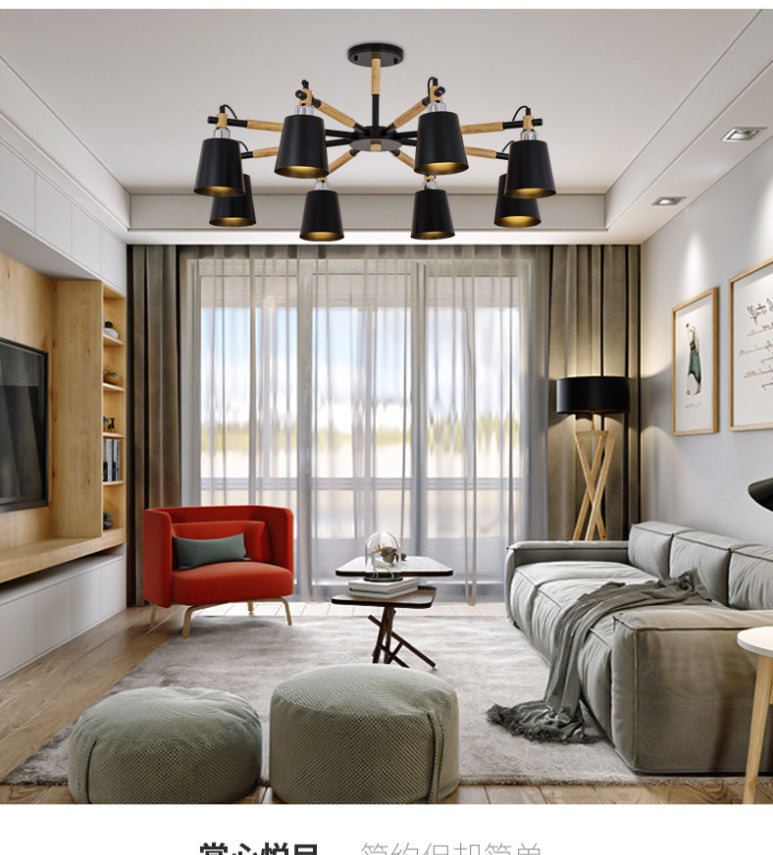 Multi-colored Optional Solid Wood Chandelier Simplicity Modern Living Room Lighting Fixture Lamp with Downward Metal Shade