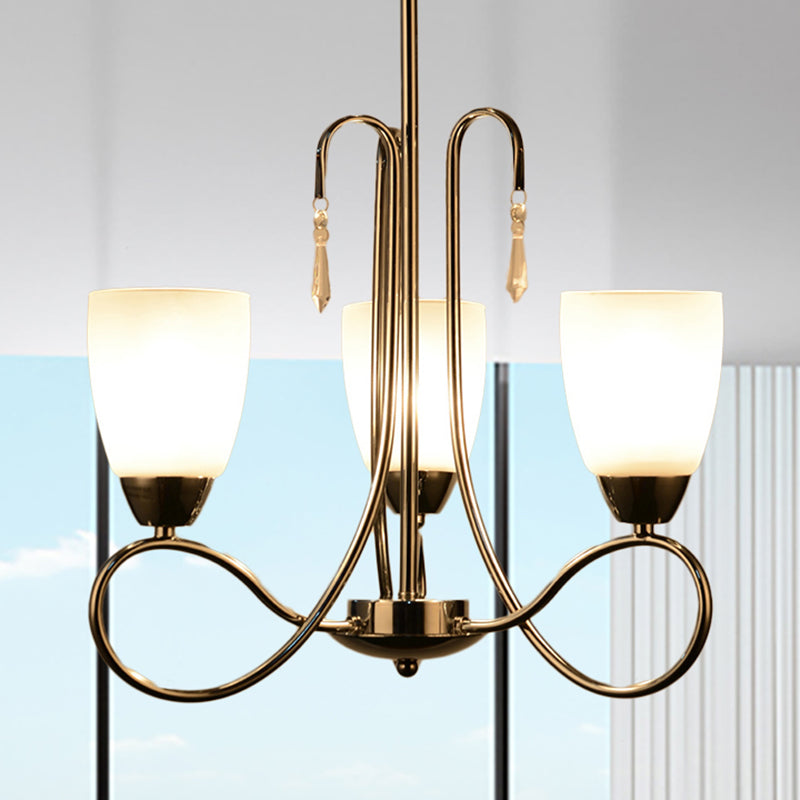 Bell Kronleuchter Lampen Flur 3 Köpfe zeitgenössisches weißes Glashängellicht mit Kristall -Deco in Silber