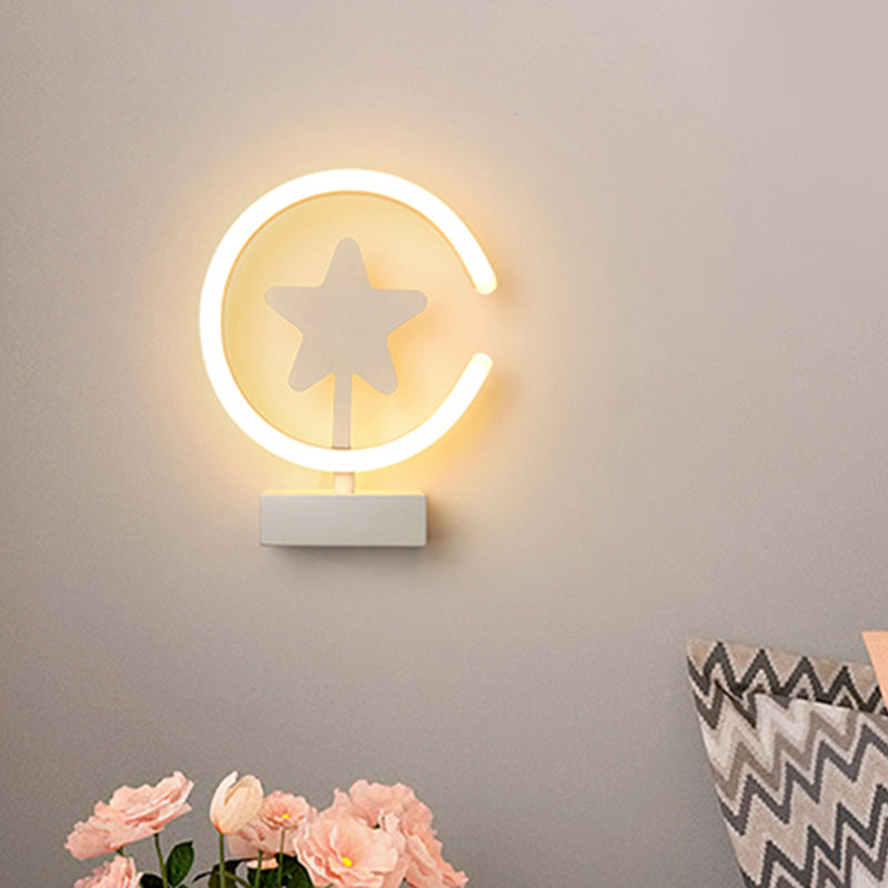 White/Gold Circle Flush Mount Wall Sconce with Star Pattern Cartoon Acrylic LED Wall Lighting, Warm/White Light
