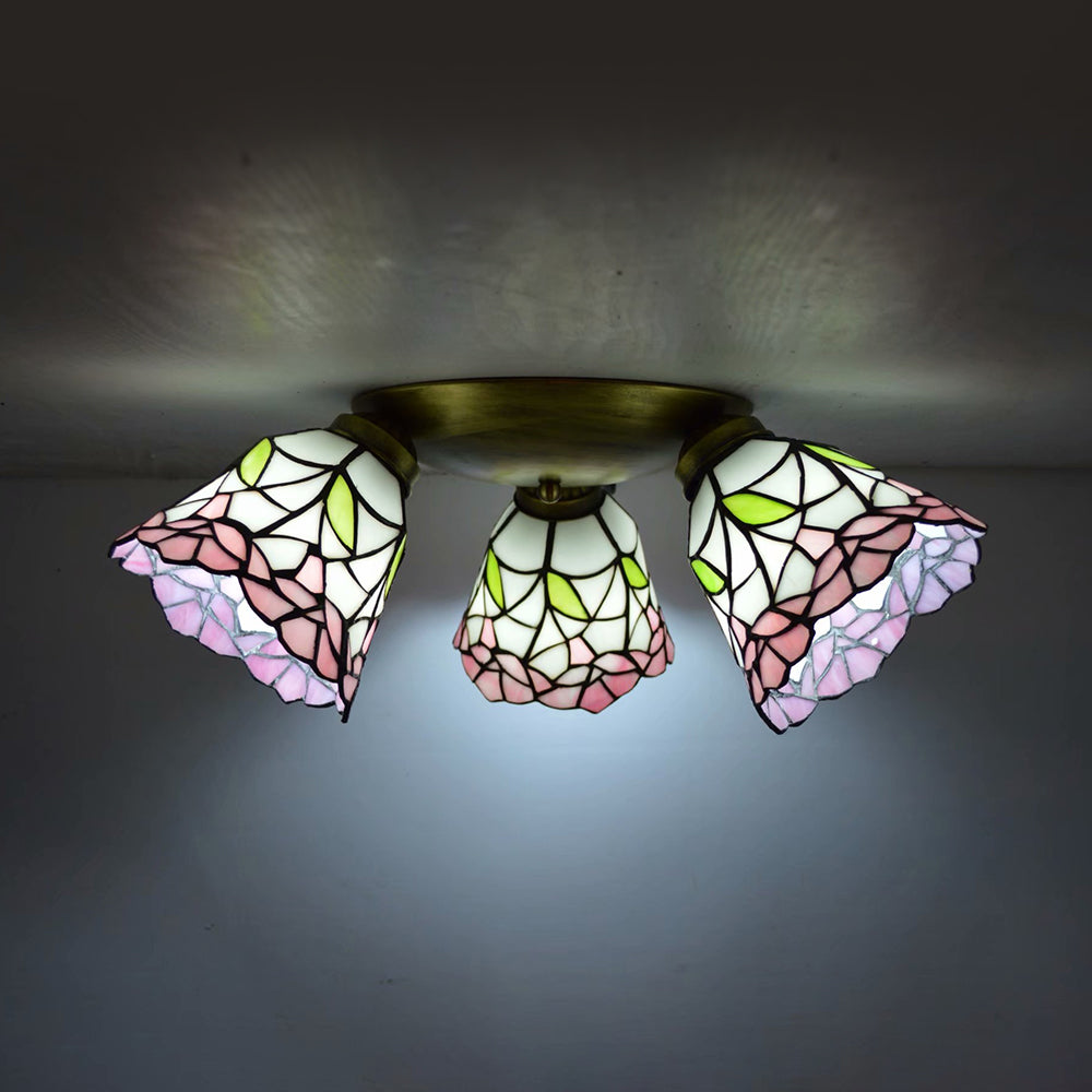 3 Heads Conic Ceiling Light Fixture Tiffany Stained Glass Flushmount Ceiling Light in Pink/Blue/Beige for Bedroom