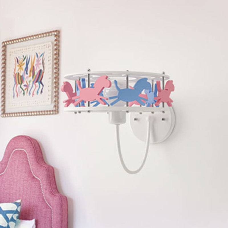Drum Metal Cage Wall Light Sconce with Cartoon Horse Design Kids 1 Bulb Flush Wall Sconce in Pink