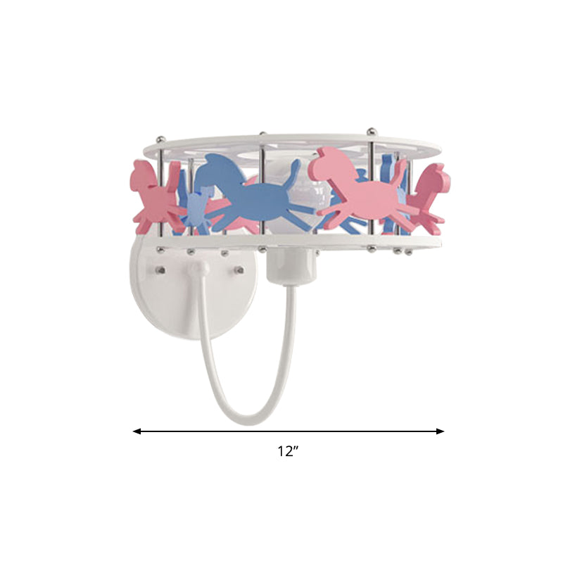 Drum Metal Cage Wall Light Sconce with Cartoon Horse Design Kids 1 Bulb Flush Wall Sconce in Pink
