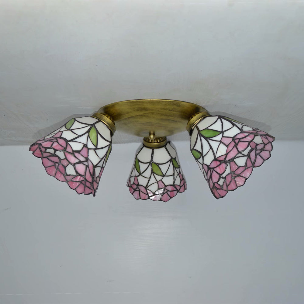3 Heads Conic Ceiling Light Fixture Tiffany Stained Glass Flushmount Ceiling Light in Pink/Blue/Beige for Bedroom