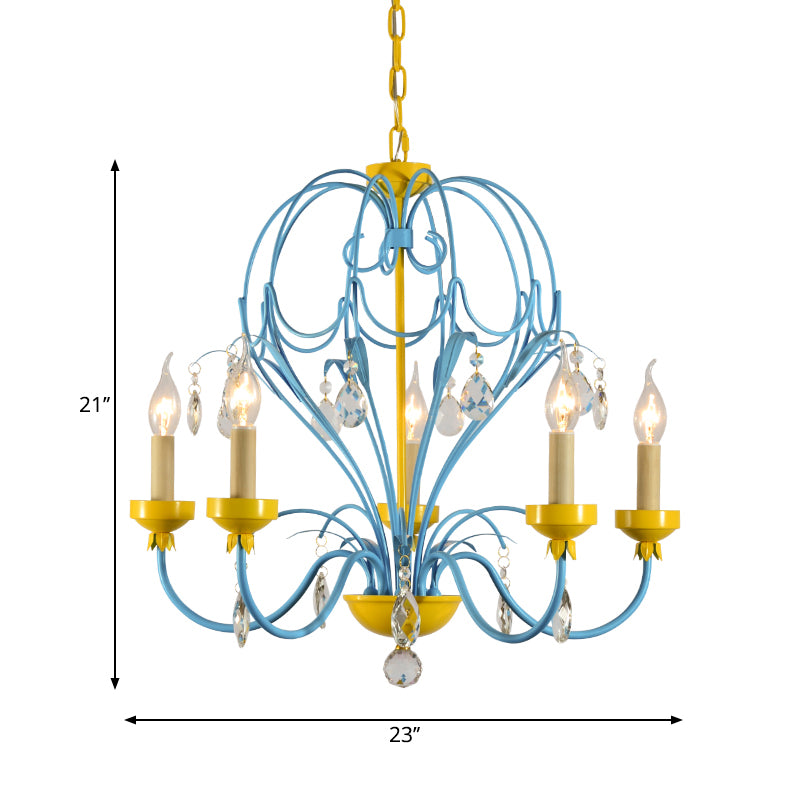 Makkaronkerker hängende Lichtmetallic 5 Leuchten Kronleuchterlampe mit Kristallabfall in Gelb und Blau für Kinder