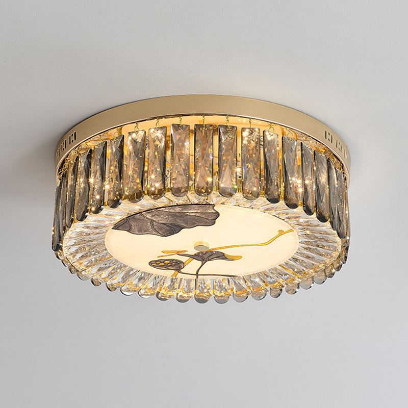 Creative Modern Drum Flush Mount Lamp Crystal Block Bedroom LED Ceiling Light in Brass
