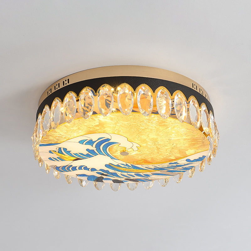 Creative Modern Drum Flush Mount Lamp Crystal Block Bedroom LED Ceiling Light in Brass