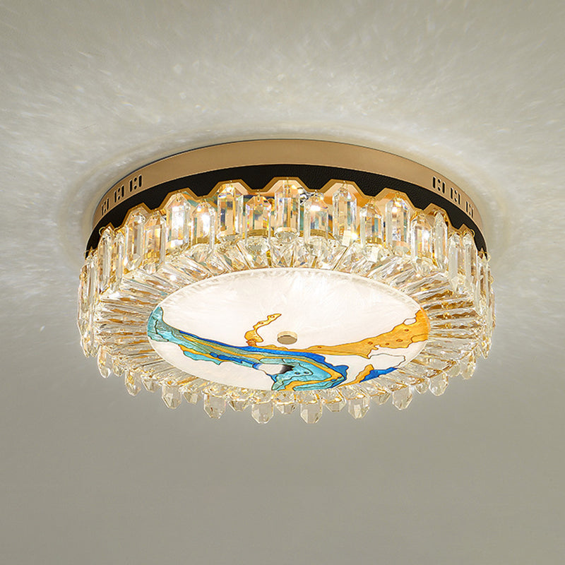 Creative Modern Drum Flush Mount Lamp Crystal Block Bedroom LED Ceiling Light in Brass