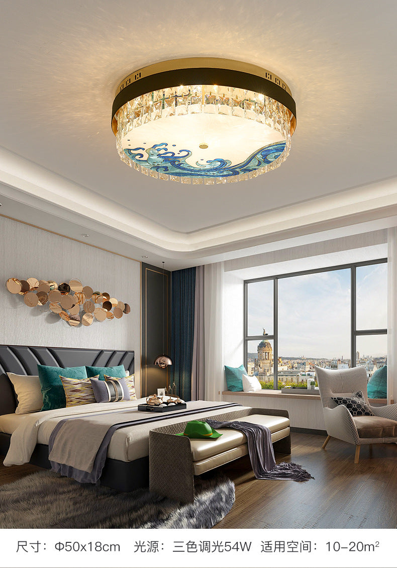 Creative Modern Drum Flush Mount Lamp Crystal Block Bedroom LED Ceiling Light in Brass