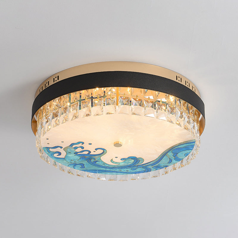 Creative Modern Drum Flush Mount Lamp Crystal Block Bedroom LED Ceiling Light in Brass