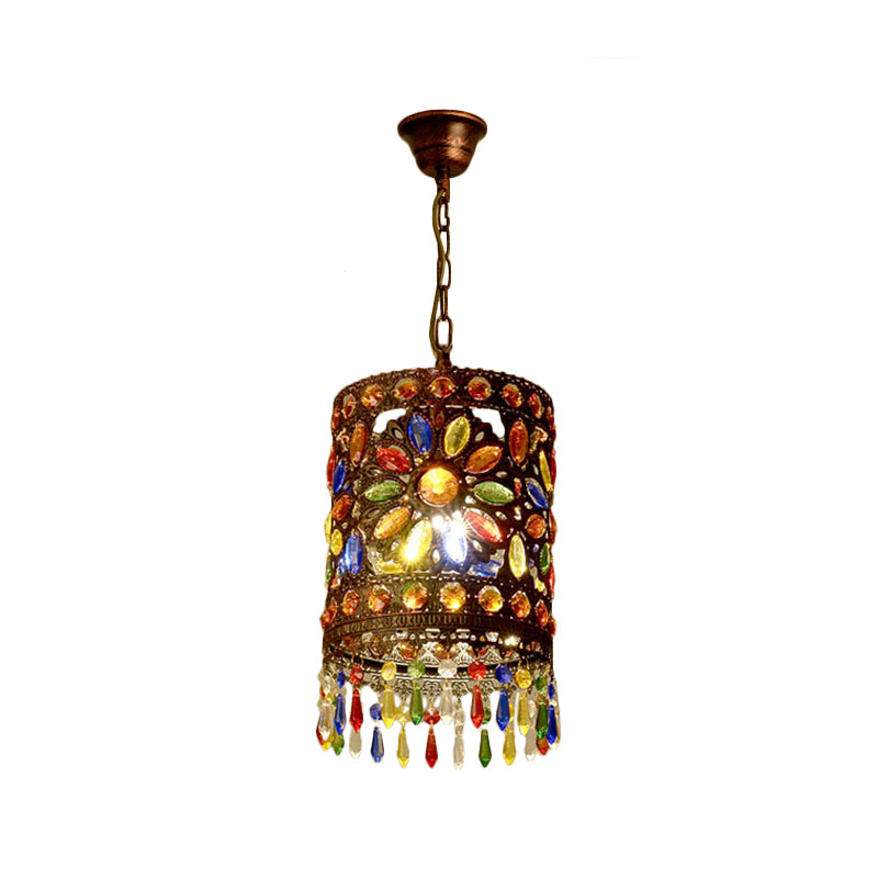 Metal Drum Shade Pendant Lamp Bohemia Style 1/3-Light Hanging Ceiling Light in Weathered Copper, 6.5"/16" Wide