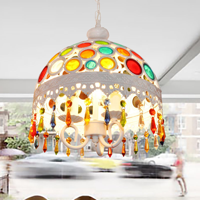 3 Lights Dome Chandelier Lighting with Multi Colored Crystal Bead Bohemia Pendant Lamp in White Finish