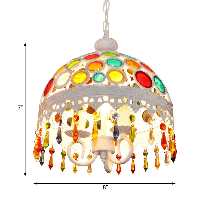 3 Lights Dome Chandelier Lighting with Multi Colored Crystal Bead Bohemia Pendant Lamp in White Finish