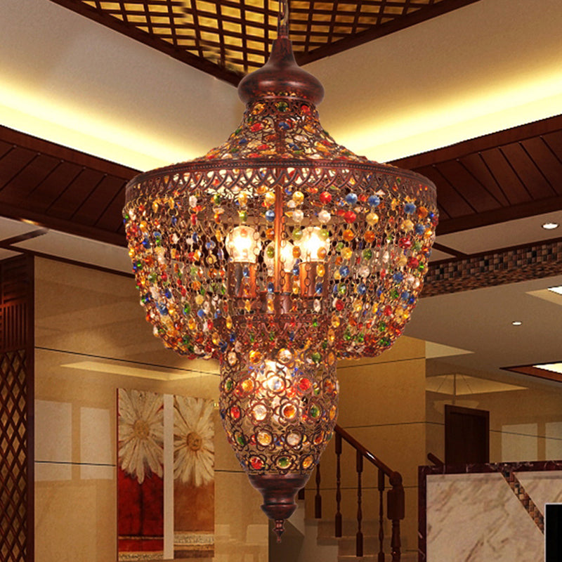 4 Lights Crystal Gem Pendant Light with Metal Shade Bohemia Hanging Ceiling Light in Weathered Copper