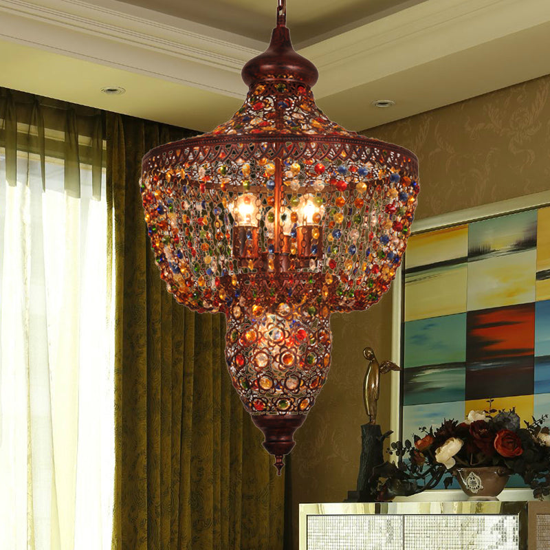 4 Lights Crystal Gem Pendant Light with Metal Shade Bohemia Hanging Ceiling Light in Weathered Copper