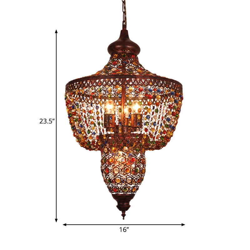 4 Lights Crystal Gem Pendant Light with Metal Shade Bohemia Hanging Ceiling Light in Weathered Copper