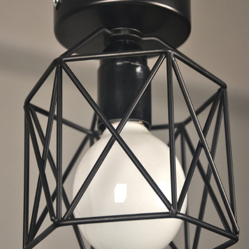 Soporte empotrado de techo de metal negro retro prismático para montaje en techo con jaula de alambre