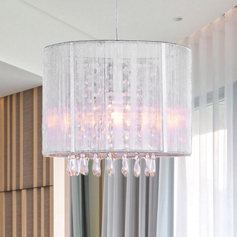 Lámpara colgante de tambor de tela blanca con prisma cristalino transparente 1 lámpara de luz de luz 1 en plata