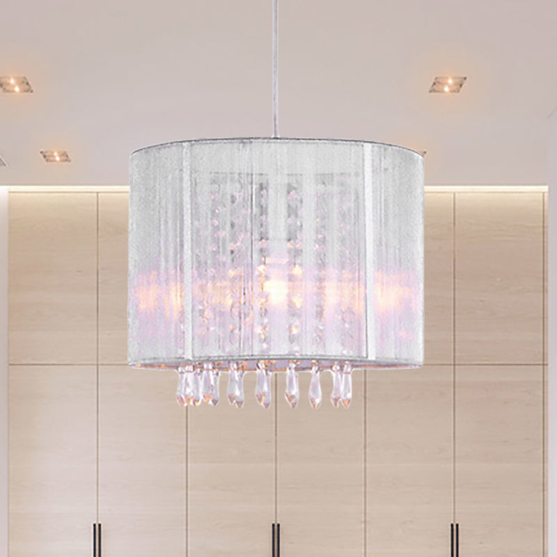 Lámpara colgante de tambor de tela blanca con prisma cristalino transparente 1 lámpara de luz de luz 1 en plata