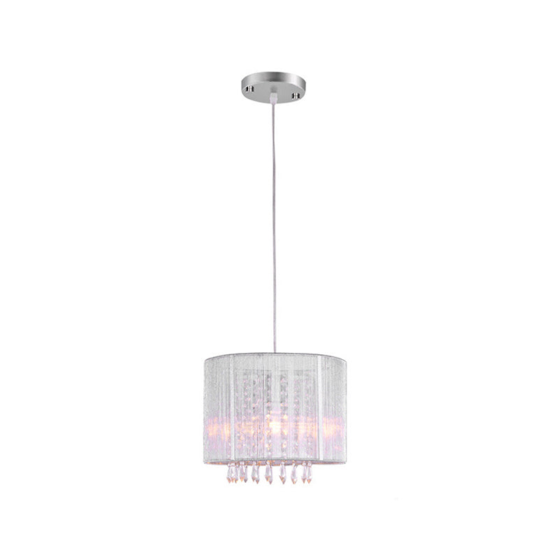 Lámpara colgante de tambor de tela blanca con prisma cristalino transparente 1 lámpara de luz de luz 1 en plata