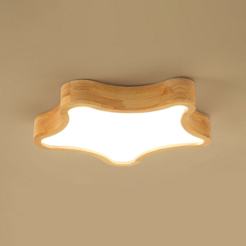 LED Bedroom Ceiling Flush Mount Light Contemporary Wood Close to Ceiling Lamp with Star Wooden Shade