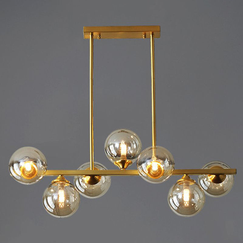 Mid-Century Modern Gold Metal Island Pendant Lighting Spherical Amber Glass Island Ceiling Light for Dining Table