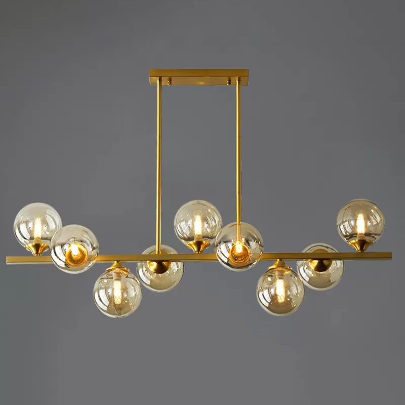 Mid-Century Modern Gold Metal Island Pendant Lighting Spherical Amber Glass Island Ceiling Light for Dining Table