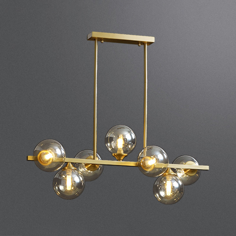 Mid-Century Modern Gold Metal Island Pendant Lighting Spherical Amber Glass Island Ceiling Light for Dining Table