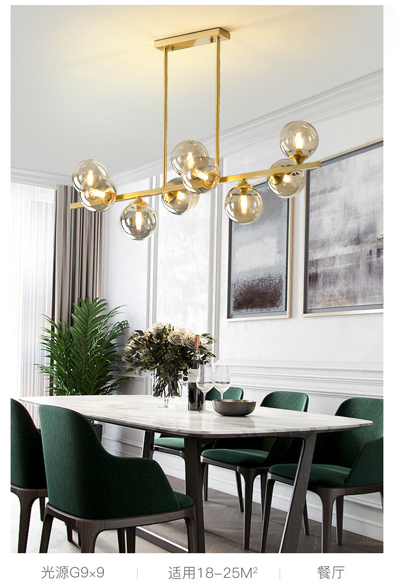 Mid-Century Modern Gold Metal Island Pendant Lighting Spherical Amber Glass Island Ceiling Light for Dining Table