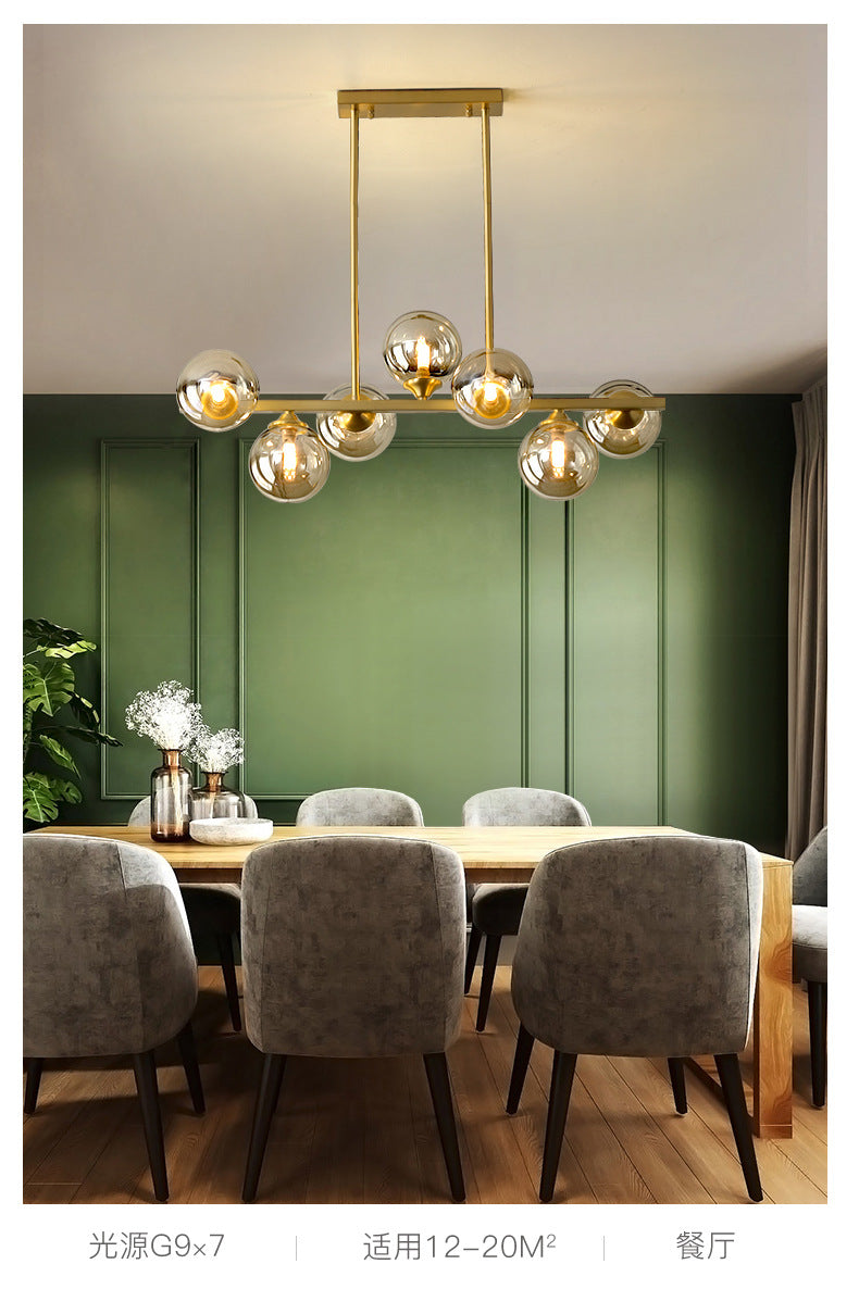 Mid-Century Modern Gold Metal Island Pendant Lighting Spherical Amber Glass Island Ceiling Light for Dining Table