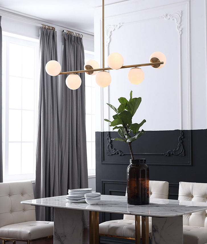 7 Light Modern Gold Metal Island Pendant Lighting Spherical White Glass Island Ceiling Light for Dining Table
