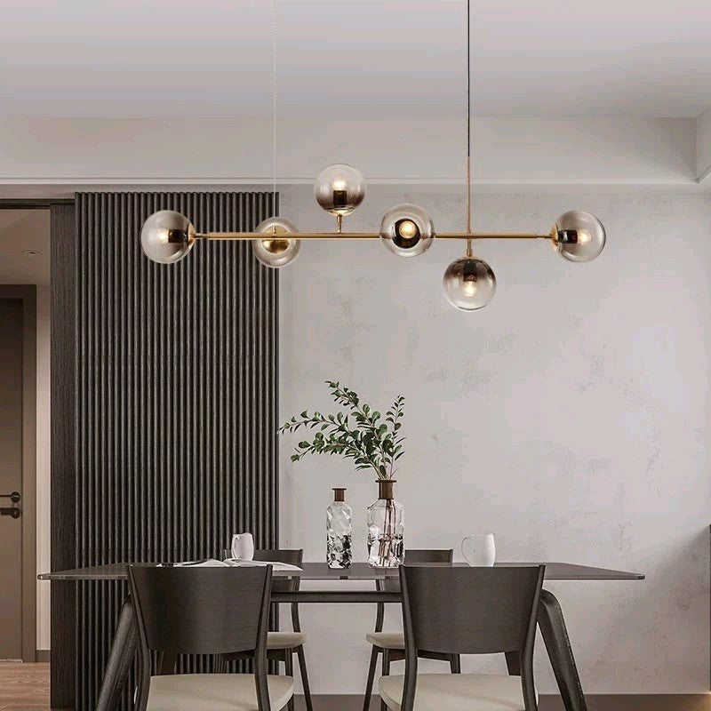 6 Light Modern Gold Metal Island Pendant Lighting Spherical Smoke Glass Island Ceiling Light for Dining Table