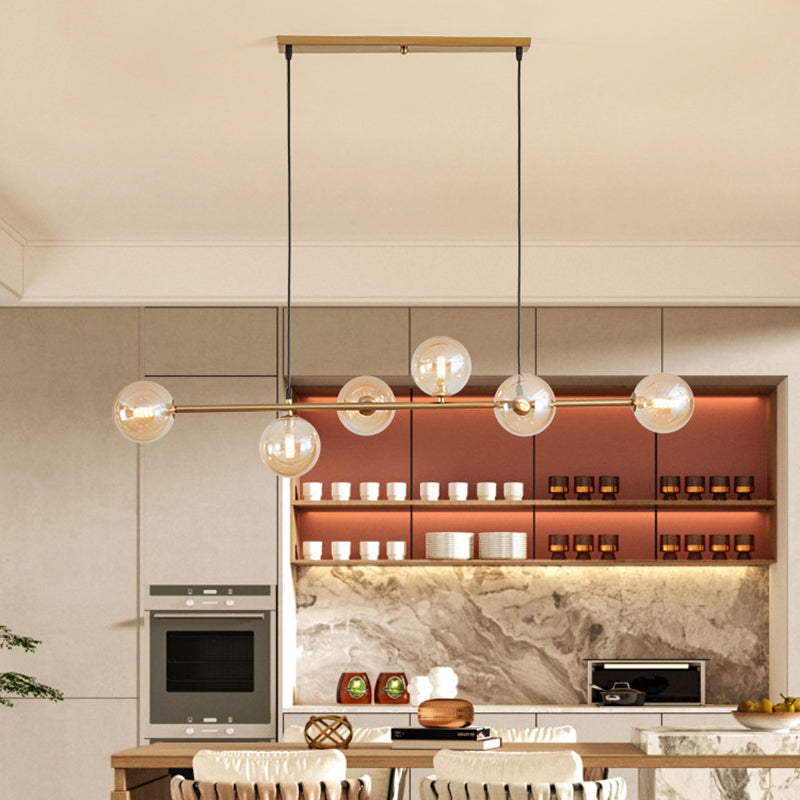 6 Leichte moderne Goldmetallinselheize Beleuchtung Kugelglas Island Deckenleuchte zum Esstisch