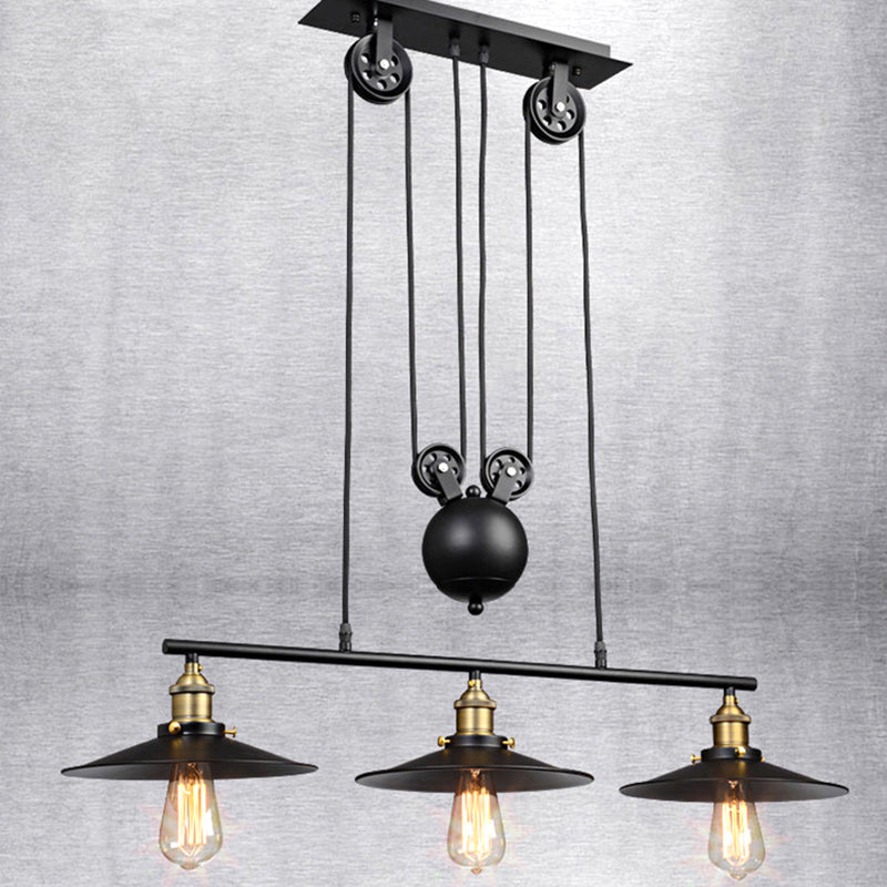 3 Lights Metal Pulley Island Pendant Lighting Industrial Black Cone Shade Island Lamps