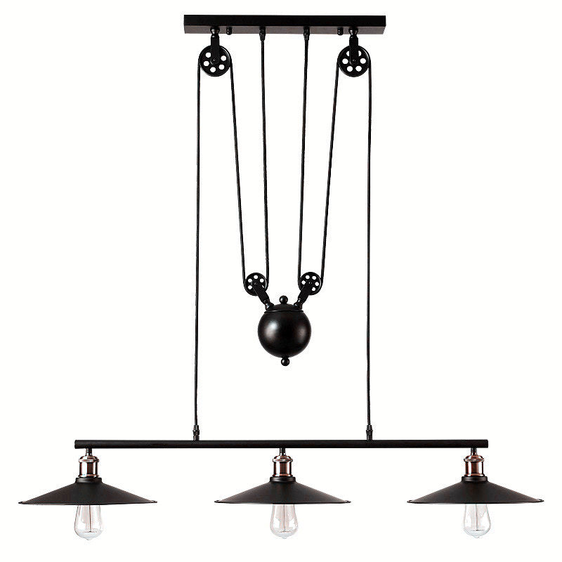3 Lights Metal Pulley Island Pendant Lighting Industrial Black Cone Shade Island Lamps